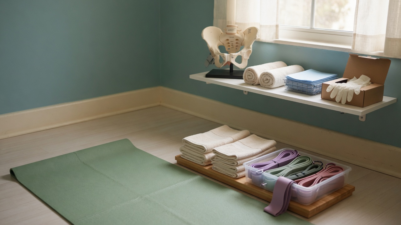 A neatly organized pelvic floor physical therapy treatment room with a clean exercise mat, folded towels, resistance bands, and a small pelvis anatomy model on a shelf.