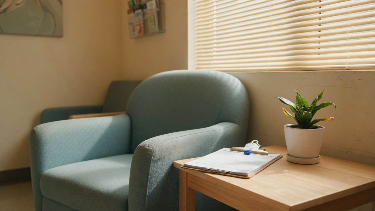 A calm, modern pelvic health clinic waiting area with a comfortable chair, a small potted plant, and a folded clipboard on a side table in soft natural light.
